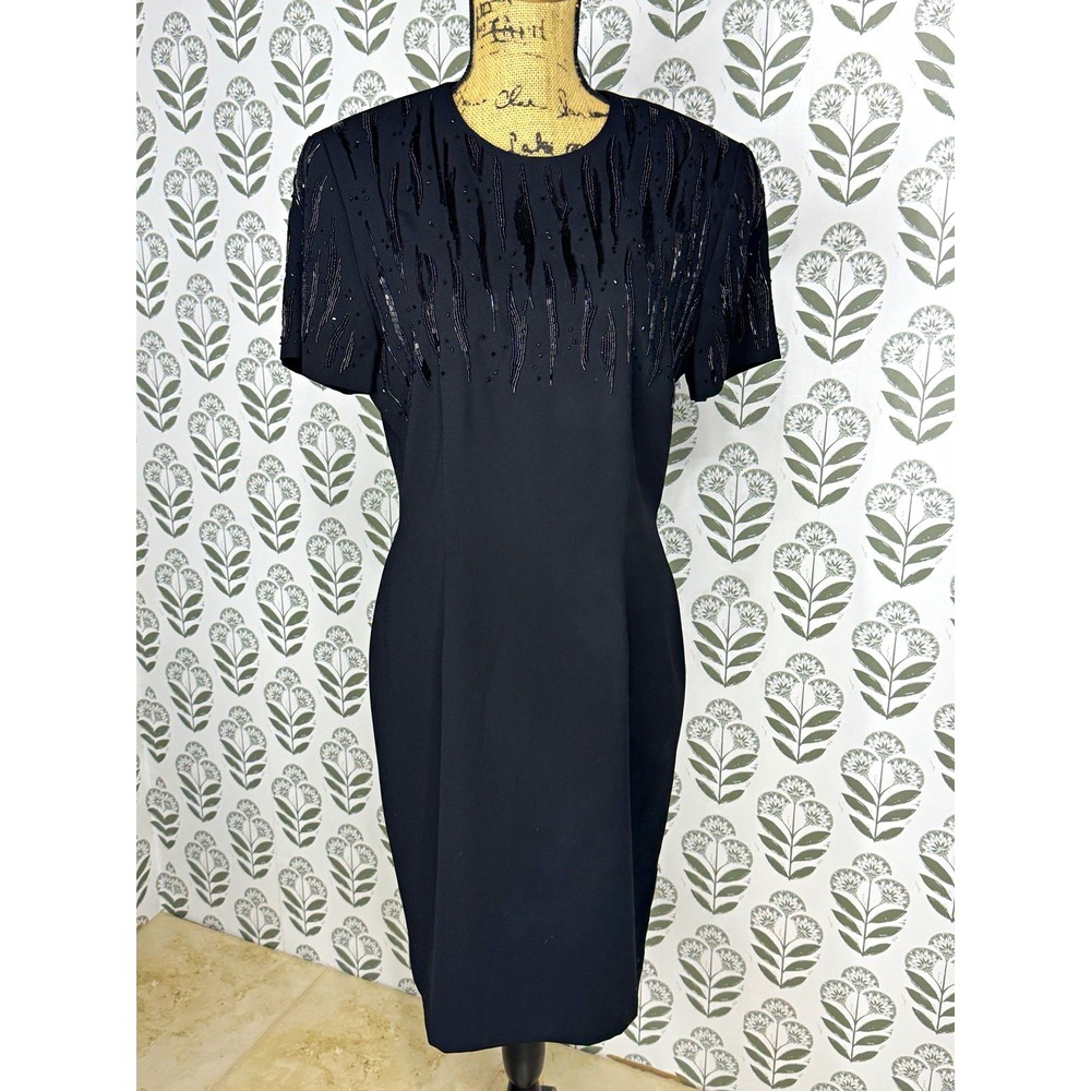 Marianna Black Beaded Sheath Dress 10 Short Sleeve Party Cocktail VTG 90s
